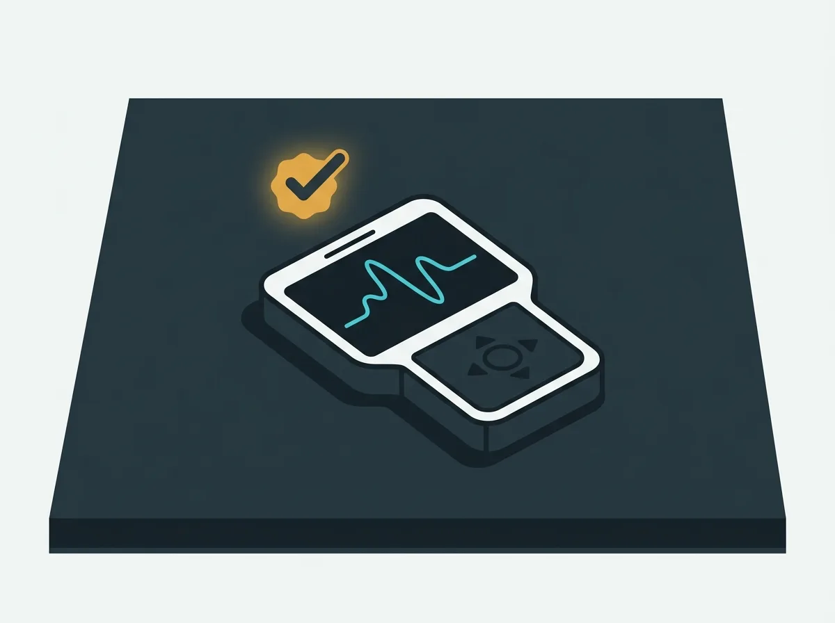 Illustration of a handheld diagnostic scan tool with a confirmed-pass badge, representing ASE Prep's diagnostic-readout approach to tracking certifications.